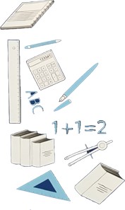 Logo des Grundschulwettbewerbs Mathe (Grafische Darstellungen eines Matheheftes, eines Taschenrechners, mehrerer Stifte,  Buchstaben (ABC) sowie einer Rechnung (1+1=2), mehrerer Bücher und eines Geodreiecks. 