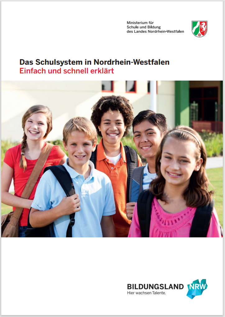 Titelblatt des Flyers "Das Schulsystem in Nordrhein-Westfalen - Einfach und schnell erklärt". Unter dem Titel und der Absenderkennung des Ministerium für Schule und Bildung in NRW ist ein Foto mit einer Gruppe Schülerinnen und Schüler platziert.