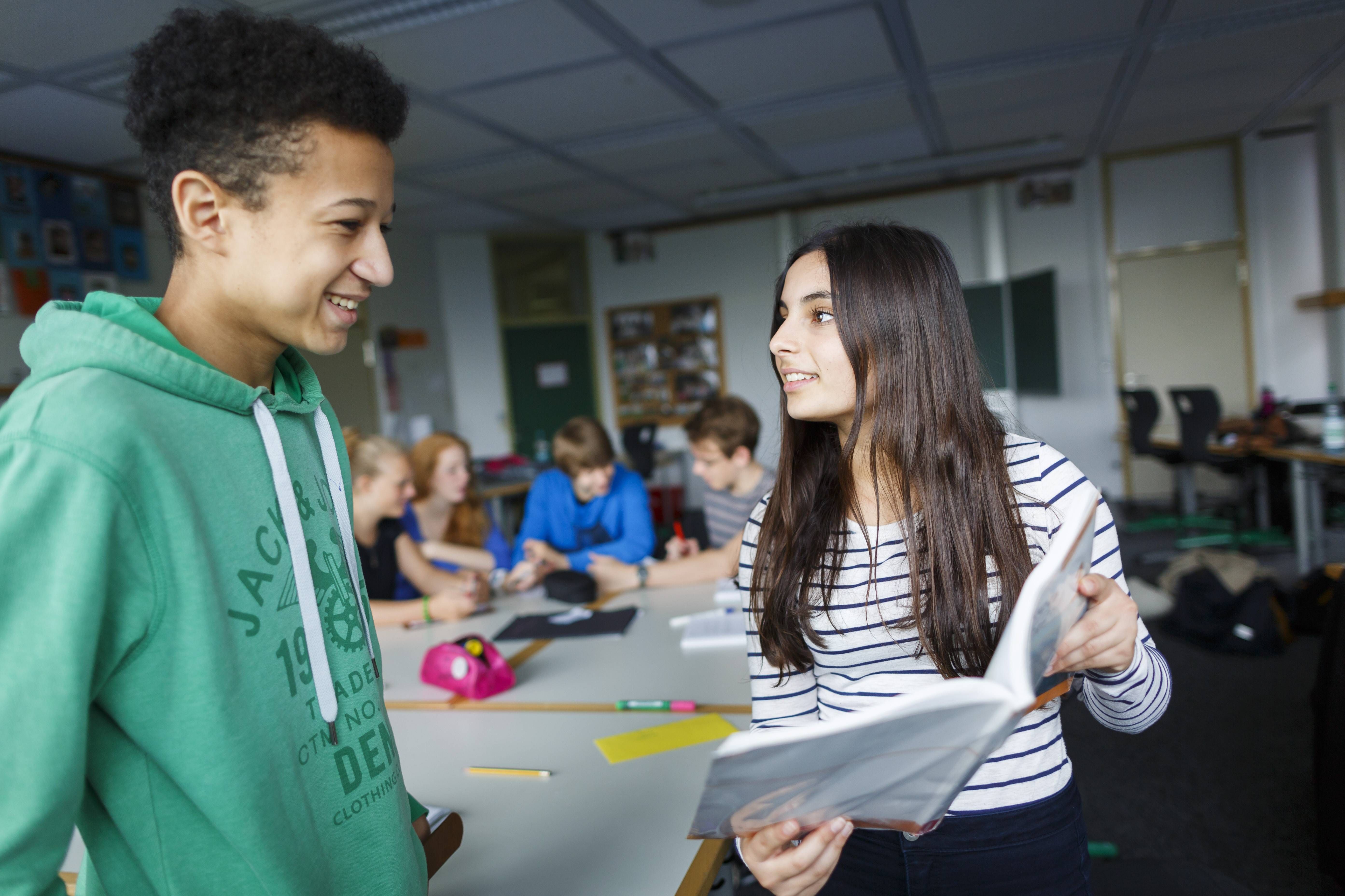 Schülerin und Schüler lernen zusammen Klassenraum Schülerin und Schüler lernen zusammen Klassenraum