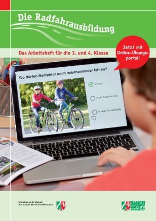 Abbildung: Titelseite Arbeitsheft “Die Radfahrausbildung – jetzt mit Online-Übungsportal” mit Logo des Verkehrsministeriums (© Landesverkehrswacht Nordrhein-Westfalen    )