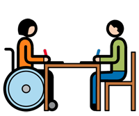 Grafische Darstellung zweier an einem Tisch sitzender, schreibender Personen, eine von ihnen im Rollstuhl.