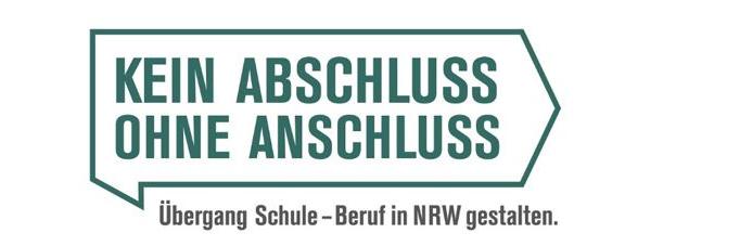 Logo in Sprechblasenform mit dem Text "Kein Abschluss ohne Anschluss". Darunter der Text "Übergang Schule - Beruf in NRW gestalten."