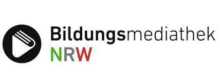 Stilisiertes Buch auf kreisförmigen Hintergrund mit dem Schriftzug Bildungsmediathek NRW daneben