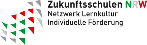 Logo "Zukunftsschulen NRW" mit aufwärtsstrebenden Pfeilen neben dem Text "Zukunftsschulen NRW - Netzwerk Lernkultur - Individuelle Förderung"