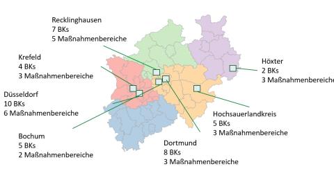Karte Nordrhein-Westfalens mit den Standorten der RBZB (Dortmund, Bochum, Düsseldorf, Krefeld, Recklinghausen, Höxter, Hochsauerlandkreis).