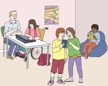 Grafische Darstellung von Kindern in einem Hort oder einer Ganztagsbetreuung. Eine Betreuungsperson sitzt neben einem Kind in einem Rollstuhl.