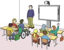 Grafische Darstellung einer Unterrichtssituation, neben der Lehrkraft steht ein Active Board.