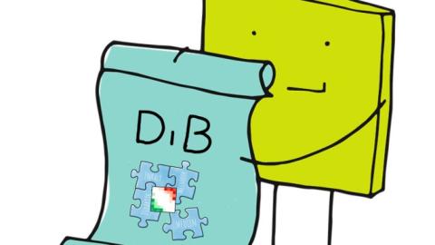 Grafische Darstellung: Eine Figur hält ein gerolltes Blatt hoch, auf dem die Buchstaben DiB (für Digitalisierungsbeauftragte) sowie ein Puzzle zu sehen sind. 