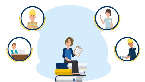 Grafische Darstellung einer Person, die auf einem Stapel Bücher sitzt. Um die herum sind in vier Kreisen Personen in unterschiedlichen Berufen abgebildet (eine Person sitzt an einem Computer, eine ist mit Arbeitskleidung und Helm abgebildet, eine hält eine Spritze in der Hand, eine trägt einen Helm und hat Werkzeug in der Hand).