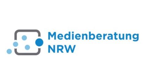 Stilisiertes Quadrat mit teils verbundenen Punkten; daneben der Schriftzug Medienberatung NRW