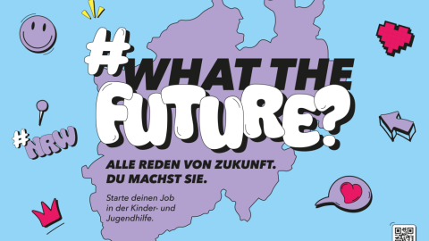 Eine Umrisskarte von NRW mit der Überschrift "What the Future?"