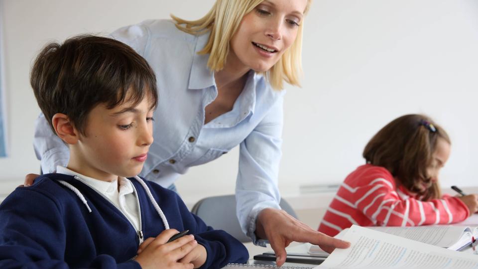 Lehrerin erklärt einem Schüler Unterrichtsstoff mithilfe eines Buches