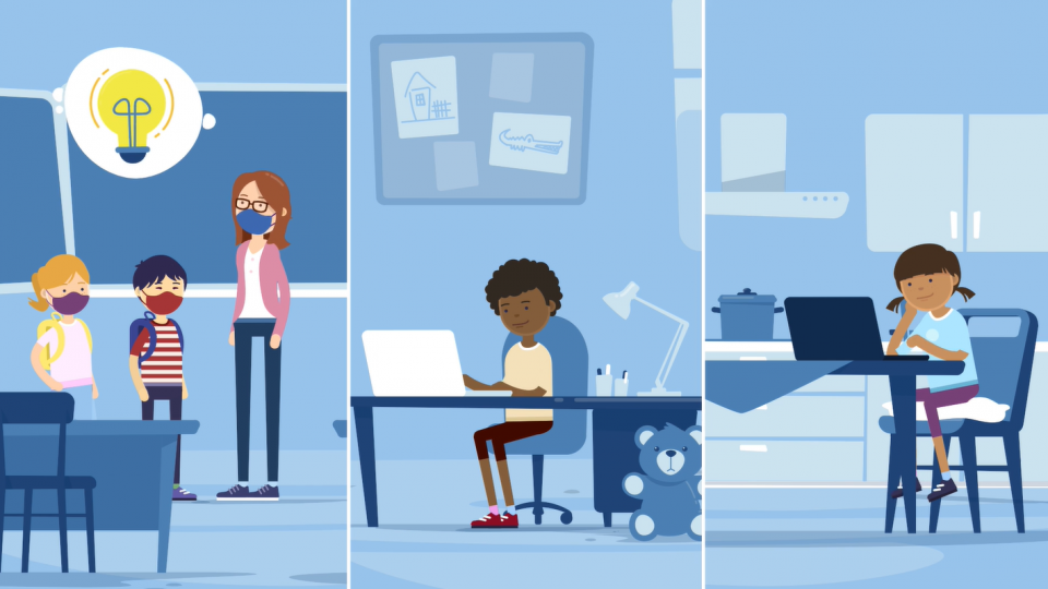 Illustration Wechselmodell: Schüler mit Maske im Klassenraum und Schüler zu Hause am Schreibtisch