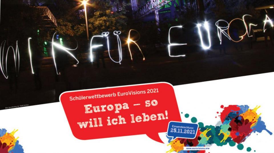 Plakatmotiv des Wettbewerbs "EuroVisions" mit dem Schriftzug "Wir für Europa"