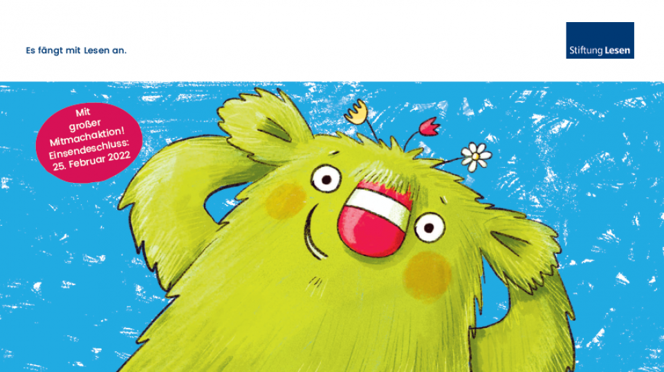 Bild mit der Buchfigur "Das kleine Wir", einem grünen fröhlichen Monster Bild mit der Buchfigur "Das kleine Wir", einem grünen fröhlichen Monster