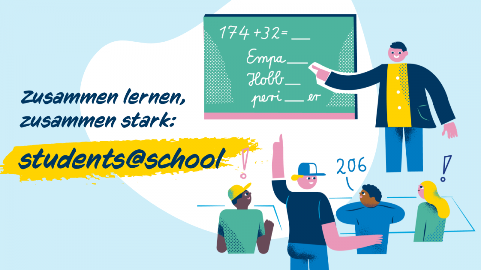 Illustration zeigt eine Lehrkraft mit Schüler*innen beim Matheunterricht. Illustration zeigt eine Lehrkraft mit Schüler*innen beim Matheunterricht.