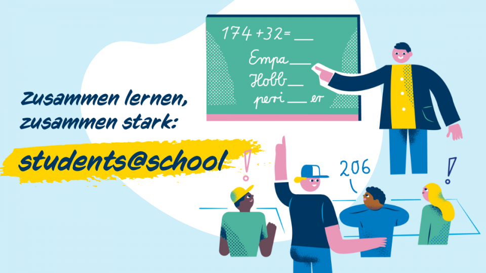 Illustration zeigt eine Lehrkraft mit Schüler*innen beim Matheunterricht.