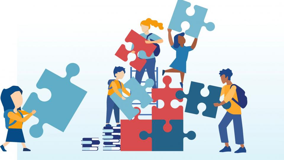 Die Grafik zeigt Kinder und Jugendliche, die gemeinsam die Puzzlesteine eines großen Puzzles zusammensetzen. Die Grafik zeigt Kinder und Jugendliche, die gemeinsam die Puzzlesteine eines großen Puzzles zusammensetzen.