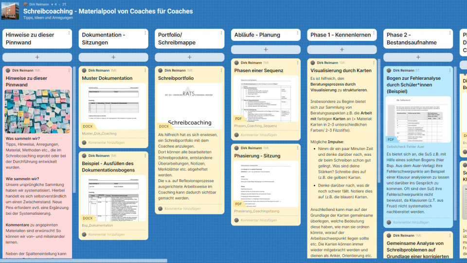 Screenshots des Materialpools zum Schreibcoaching am Ratsgymnasium Münster