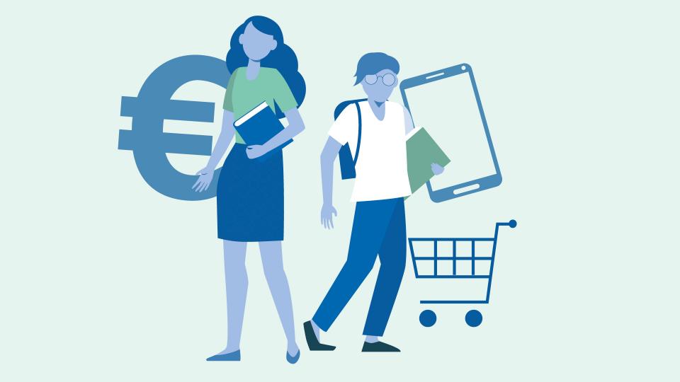 Die Grafik zeigt zwei junge Leute beim Einkaufen und beim Online-Shopping Die Grafik zeigt zwei junge Leute beim Einkaufen und beim Online-Shopping