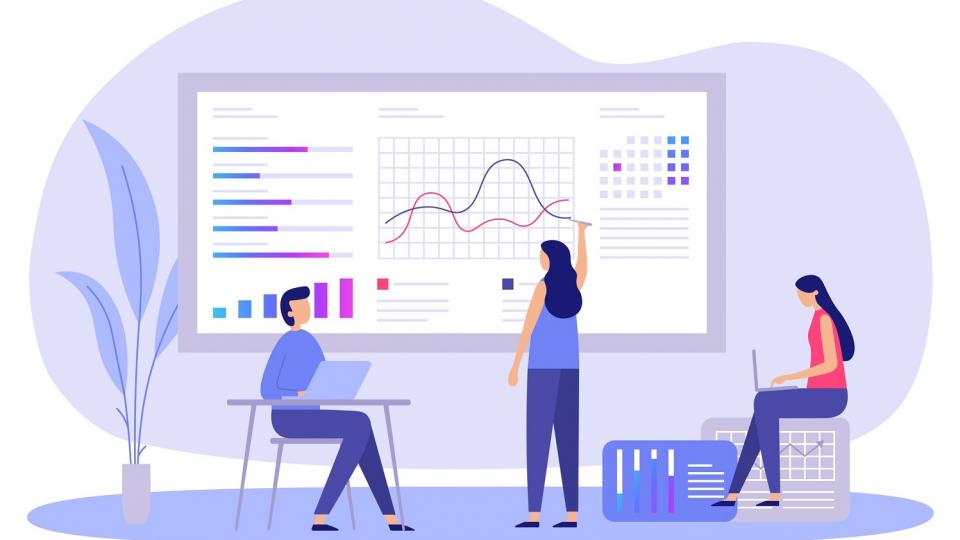 Grafische Darstellung dreier Personen, zwei blicken in geöffnete Laptops, eine zeichnet eine statistische Grafik an eine Tafel im Hintergrund.