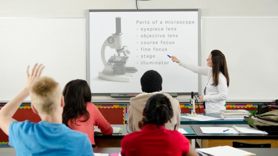 Lehrerin zeigt an einer Leinwand englische Begriffe für den Aufbau eines Mikroskops, die Schülerinnen und Schüler sind von hinten zu erkennen.