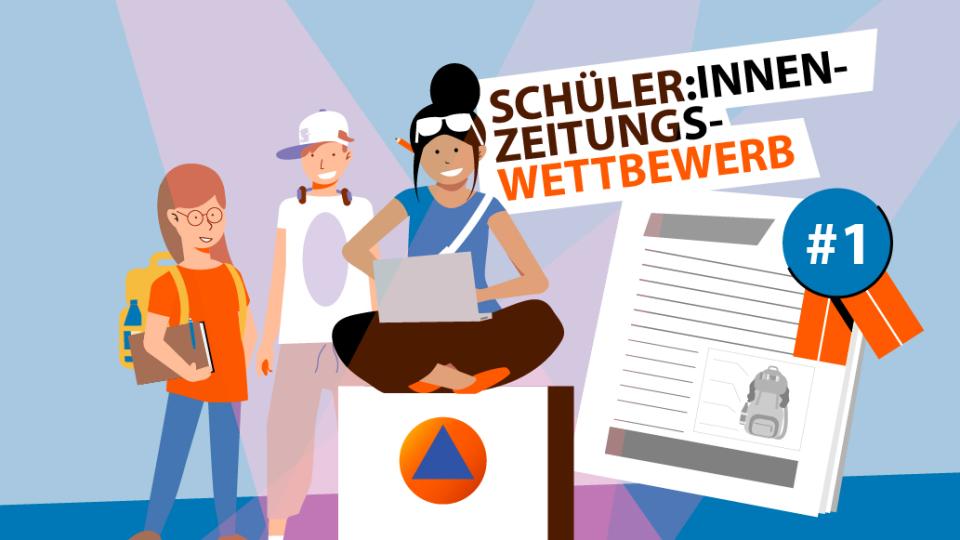 Unter der Überschrift "Schüler:innenzeitungswettbewerb" sieht man drei Jugendliche mit Laptop und einer ausgezeichnete Schüler:innenzeitung