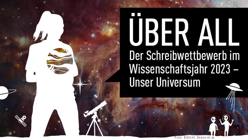 Das Banner zum Wettbewerb "Über All" zeigt eine junge Frau mit der Erdkugel in den Händen, im Hintergrund sieht man das All.