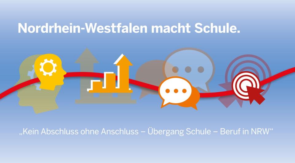 Ein Bild auf blauem Hintergrund mit dem Text „Nordrhein-Westfalen macht Schule“ oben und „Kein Abschluss ohne Anschluss – Übergang Schule – Beruf in NRW' unten. Vier Icons sind zentral platziert und durch eine rote Linie verbunden. 