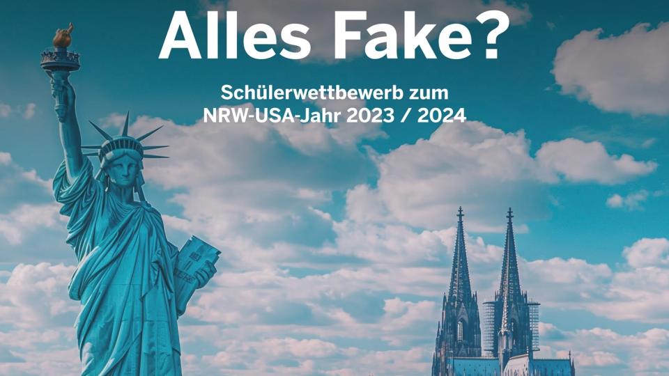 Das Plakat zum Schülerwettbewerb "Alles Fake?" zeigt die Freiheitsstatue und den Kölner Dom.