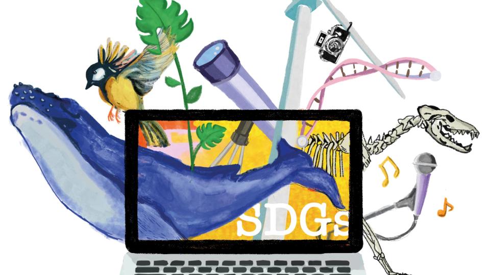 Symbolisch für viele verschiedenen Themen des Programms Digitale Drehtür sieht man auf einem Laptopbildschirm einen Wal, eine Pflanze, ein Skelett, eine Mikrofon und Noten, einen DNA-Strang, einen Vogel, ein Windrad und eine Fotokamera. Symbolisch für viele verschiedenen Themen des Programms Digitale Drehtür sieht man auf einem Laptopbildschirm einen Wal, eine Pflanze, ein Skelett, eine Mikrofon und Noten, einen DNA-Strang, einen Vogel, ein Windrad und eine Fotokamera.