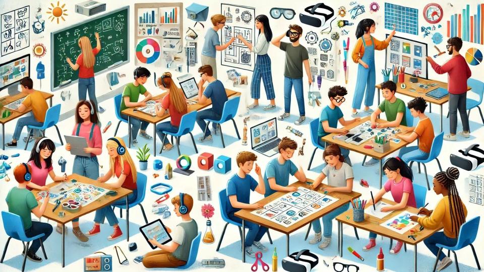 In einem Klassenraum lernen und arbeiten Schülerinnen und Schüler auf verschiedene Arten miteinander oder für sich. In einem Klassenraum lernen und arbeiten Schülerinnen und Schüler auf verschiedene Arten miteinander oder für sich.