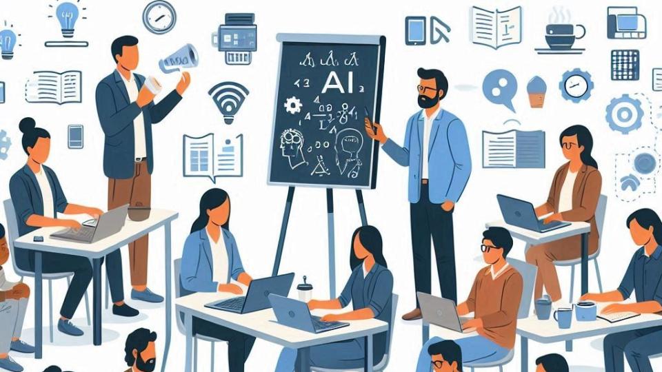 So stellt sich ein KI-Bildgenerator die MNU Tagung 2024 vor: Lehrkräfte arbeiten an Tischen mit Laptops und mobilen Geräten, manche sind im Gespräch. So stellt sich ein KI-Bildgenerator die MNU Tagung 2024 vor: Lehrkräfte arbeiten an Tischen mit Laptops und mobilen Geräten, manche sind im Gespräch.