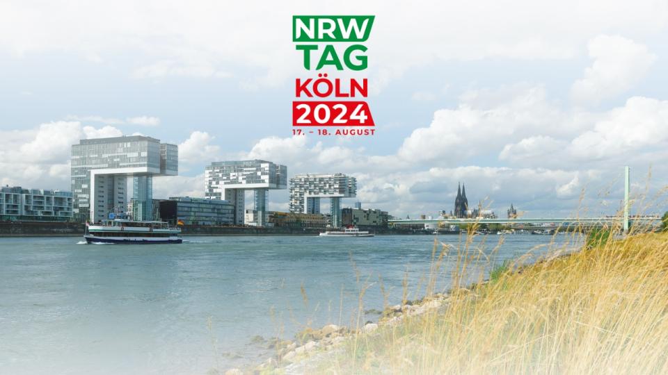Stadtansicht von Köln, davor das NRW-Tag-Logo mit dem Schriftzug "NRW Tag Köln 2024" Stadtansicht von Köln, davor das NRW-Tag-Logo mit dem Schriftzug "NRW Tag Köln 2024"