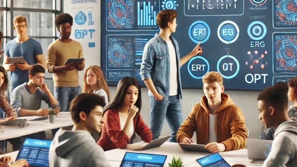 Schülerinnen und Schüler arbeiten an Laptops, auf einem großen Board geht es um Prompting-Kompetenz. Schülerinnen und Schüler arbeiten an Laptops, auf einem großen Board geht es um Prompting-Kompetenz.