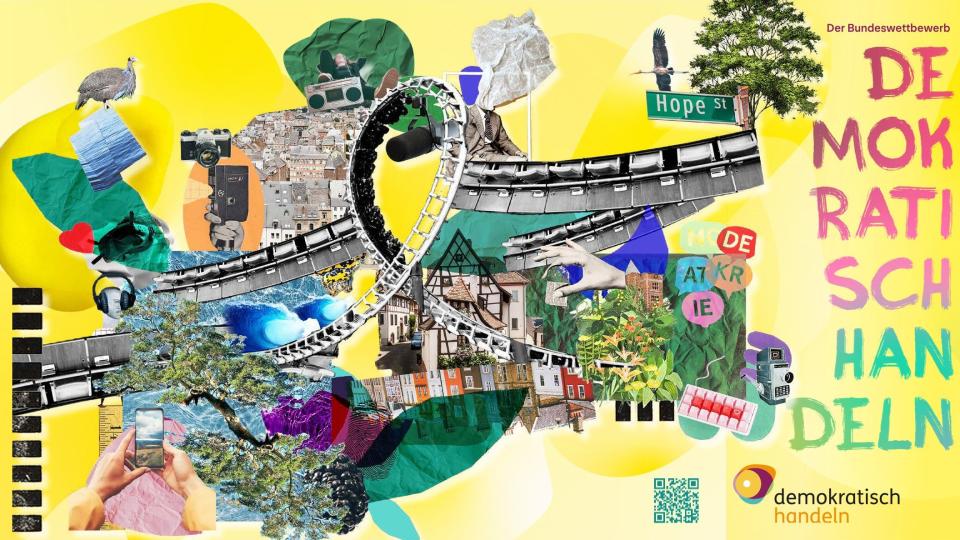 Das Banner zum diesjährige Wettbewerb Demokratisch Handeln zeigt eine bunte Collage aus Naturelementen, einer Achterbahn, Tieren, Medien... Das Banner zum diesjährige Wettbewerb Demokratisch Handeln zeigt eine bunte Collage aus Naturelementen, einer Achterbahn, Tieren, Medien...