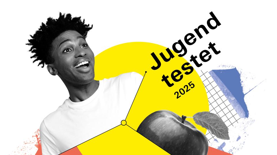 Logo des Wettbewerbs "Jugend testet 2025" mit einem Jugendlichen, Tennisschlägern und einem Apfel. Logo des Wettbewerbs "Jugend testet 2025" mit einem Jugendlichen, Tennisschlägern und einem Apfel.