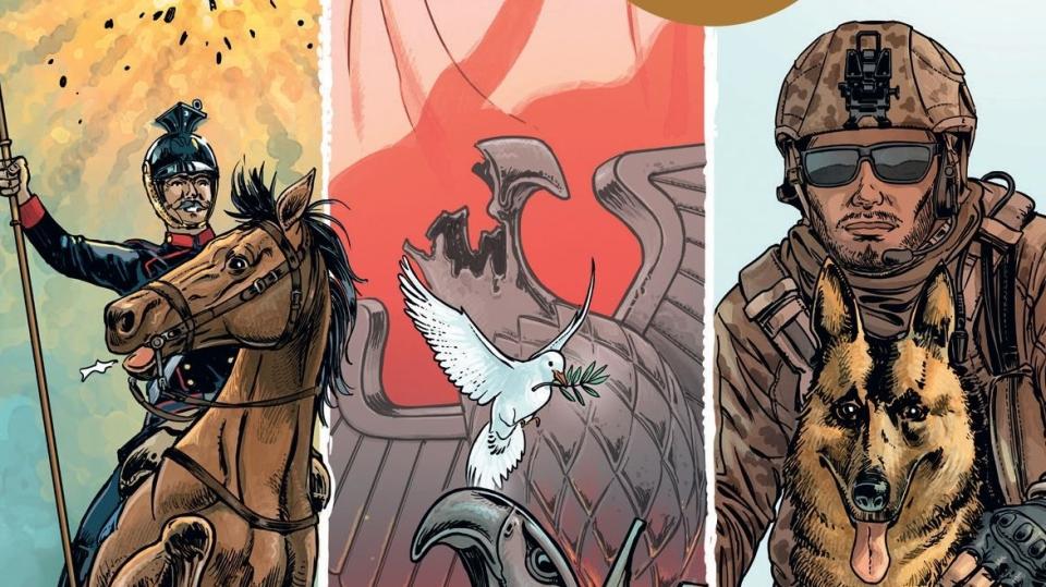 Die Zeichnung zeigt drei verschiedene Szenen mit Tieren im Krieg: Ein Reiter auf einem Pferd, Adler und Friedenstaube und ein Soldat mit einem Schäferhund. Die Zeichnung zeigt drei verschiedene Szenen mit Tieren im Krieg: Ein Reiter auf einem Pferd, Adler und Friedenstaube und ein Soldat mit einem Schäferhund.