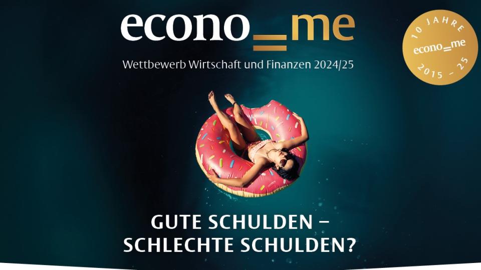 Eine junge Frau liegt in einem Schwimmring in Form eines angebissenen Donuts, darunter der Schriftzug "Gute Schulden - schlechte Schulden?" Eine junge Frau liegt in einem Schwimmring in Form eines angebissenen Donuts, darunter der Schriftzug "Gute Schulden - schlechte Schulden?"