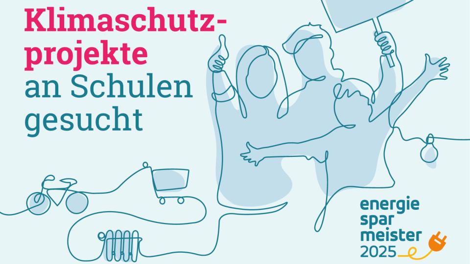 Unter dem Motto "Die besten Klimaschutzprojekte an Schulen gesucht" demonstrieren drei mit einfachen Linien gezeichnete Jugendliche, im Hintergrund sieht man symbolisch ein Fahrrad, einen Einkaufswagen und eine Heizung. Unter dem Motto "Die besten Klimaschutzprojekte an Schulen gesucht" demonstrieren drei mit einfachen Linien gezeichnete Jugendliche, im Hintergrund sieht man symbolisch ein Fahrrad, einen Einkaufswagen und eine Heizung.
