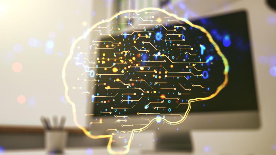 In einem schematisch dargestellten Gehirn sieht man Neuronen aufleuchten. In einem schematisch dargestellten Gehirn sieht man Neuronen aufleuchten.