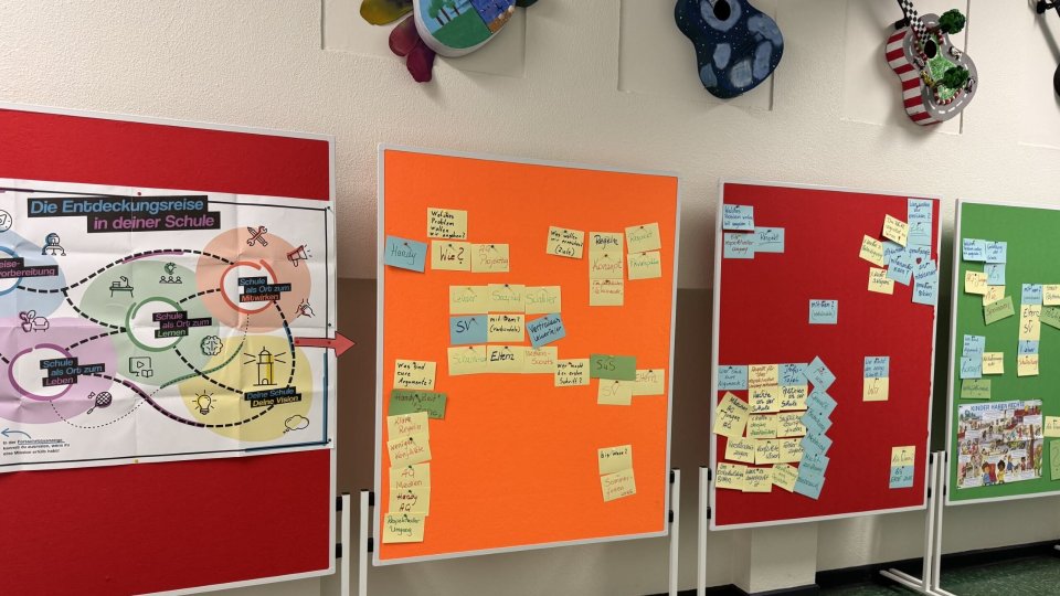 Schülerinnen und Schüler haben ihre Ideen auf bunten Pinnwänden gesammelt. Schülerinnen und Schüler haben ihre Ideen auf bunten Pinnwänden gesammelt.