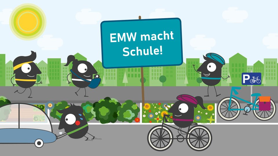 Ein Comic: Um ein Schild mit der Aufschrift "EMW macht Schule!" herum nehmen Kinder am Straßenverkehr teil. Ein Comic: Um ein Schild mit der Aufschrift "EMW macht Schule!" herum nehmen Kinder am Straßenverkehr teil.