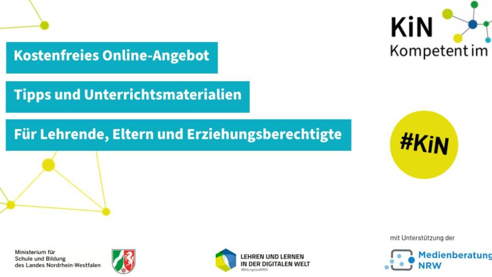 Netzstruktur und Logos zum Online-Angebot von „Kompetent im Netz“ mit Schriftzug: Kostenfreies Angebot, Tipps und Unterrichtsmaterialien. Für Lehrende, Eltern und Erziehungsberechtigte. 