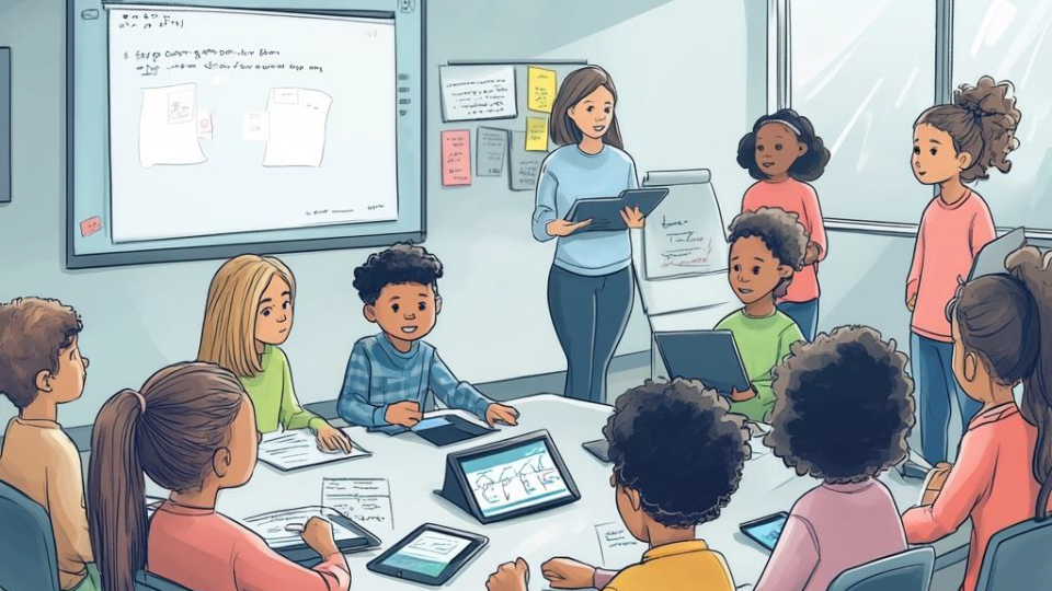 Schülerinnen und Schüler arbeiten im Unterricht mit KI-Agenten.