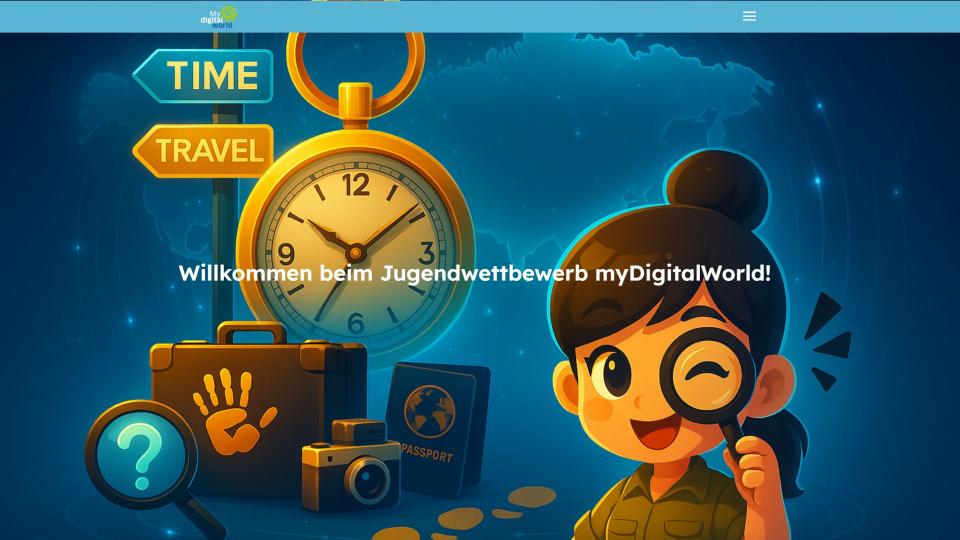 Ein junges Mädchen schaut durch eine Lupe, im Hintergrund sieht man unter anderem einen Koffer, eine Fotokamera, eine Uhr und einen Wegweiser mit der Aufschrift "Time Travel".