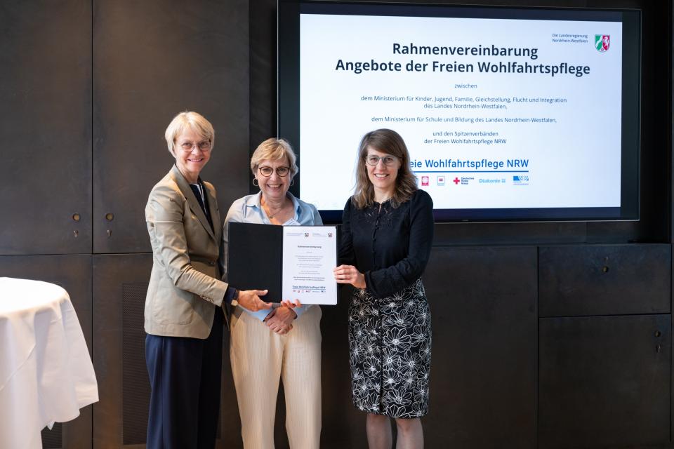 Partnerinnen und Partner zeigen die unterzeichnete Rahmenvereinbarung.