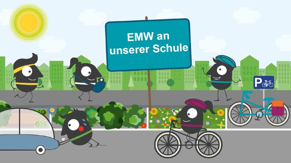 Ein Comic: Um ein Schild mit der Aufschrift "EMW an unserer Schule!" herum nehmen Kinder am Straßenverkehr teil.