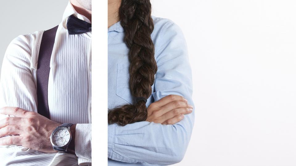 Zwei Bilder in einem, rechts der Oberkörper einer Frau, links der Oberkörper eines Mannes. Zwei Bilder in einem, rechts der Oberkörper einer Frau, links der Oberkörper eines Mannes.
