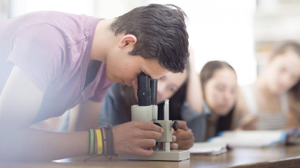 Schüler schaut im Unterricht durch ein Mikroskop.